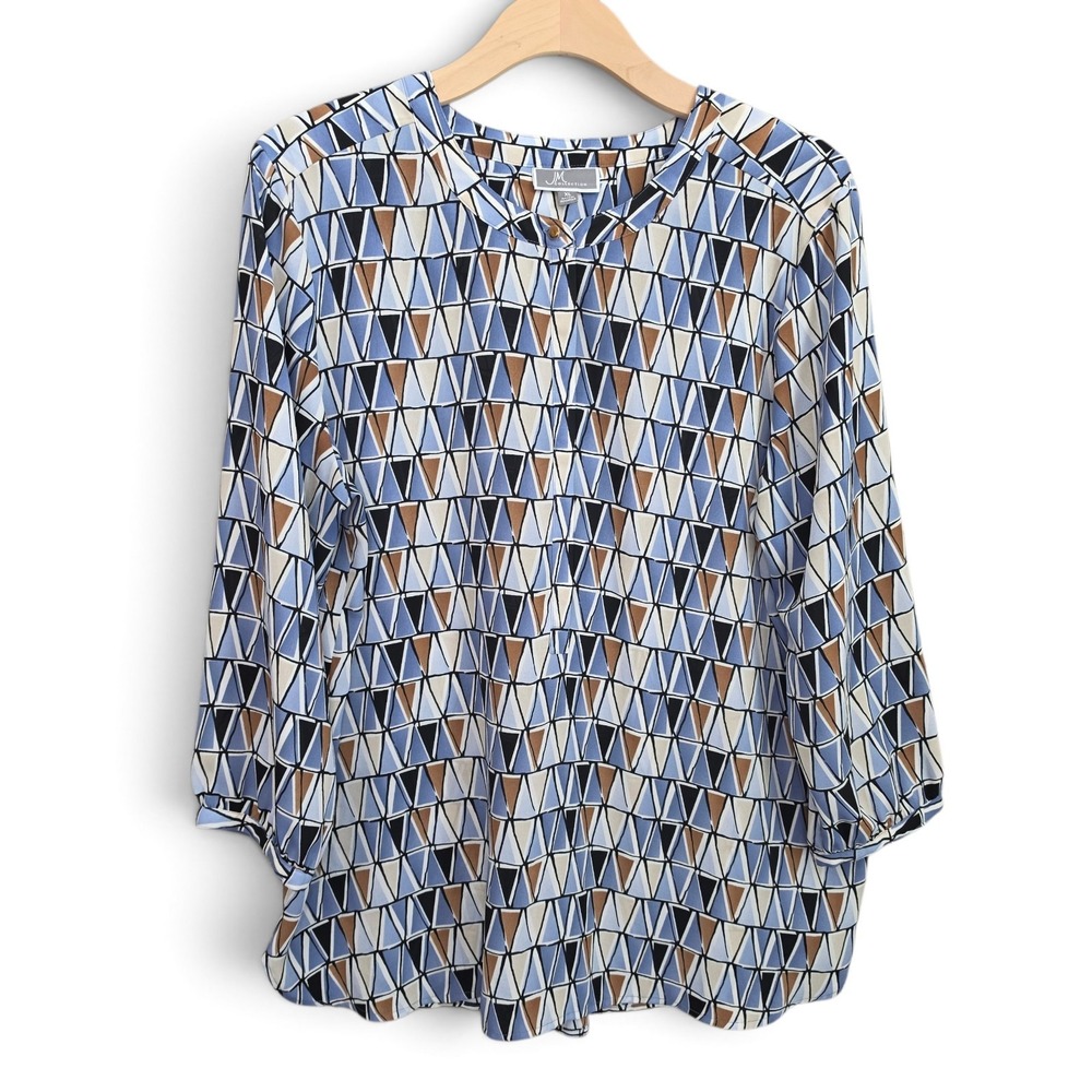 JM Collection Top Womens XL Blouse Blue Geometric Stained Glass 3/4 Sleeve Shirt